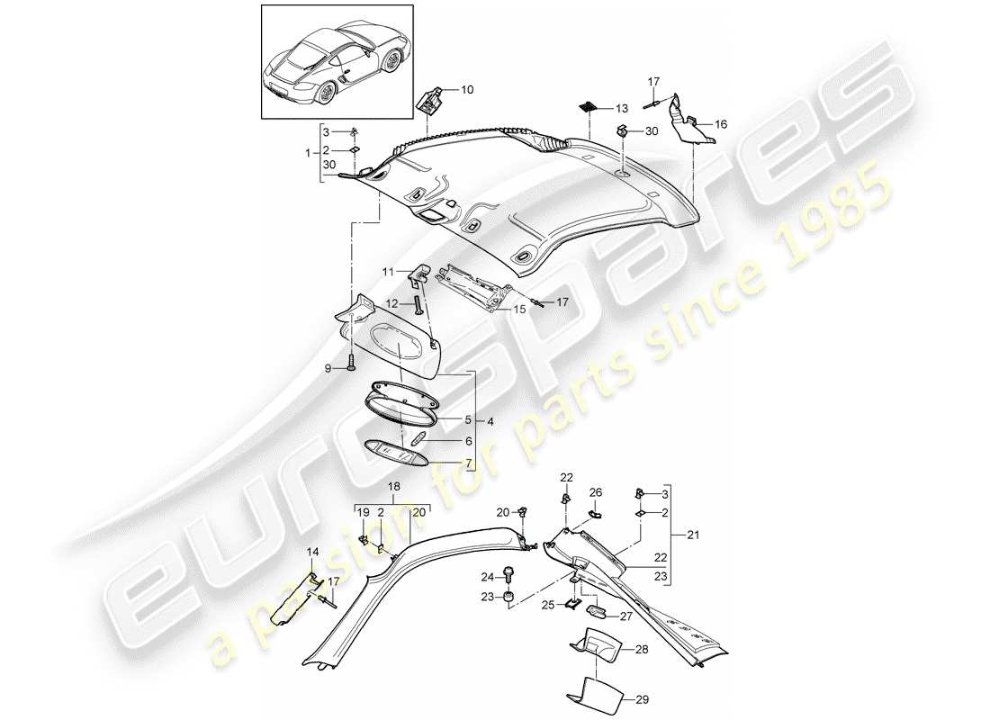 porsche 2007 (987 cayman) diagrama de piezas del panel de acabado del techo
