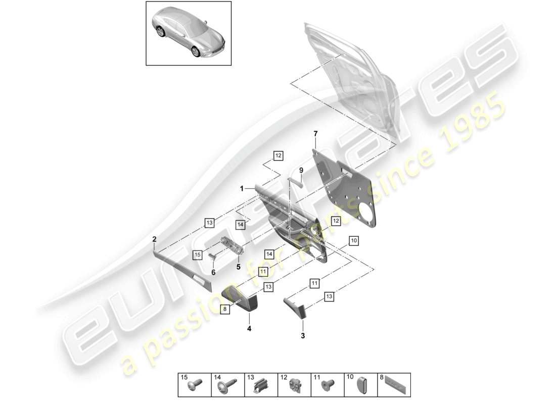 porsche 2017 (panamera 971-1) diagrama de piezas del panel de la puerta trasera alcantara sport turismo