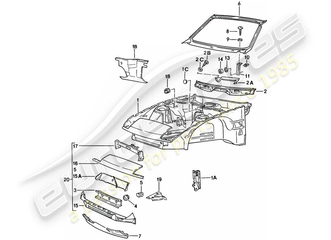 porsche 1979 (924) sección frontal del cuerpo diagrama de piezas