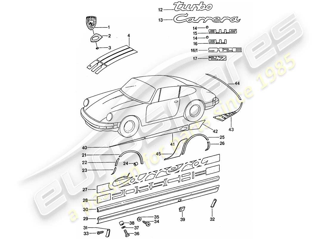 porsche 1976 (911 turbo) accesorios decorativos diagrama de piezas
