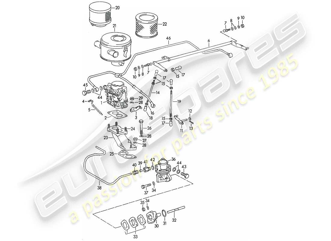 porsche 1954 (356/356a) carburador - pallas-zenit 32ndix - y - línea de suministro de combustible - m 67 001 >> - m 81 201 >> diagrama de piezas