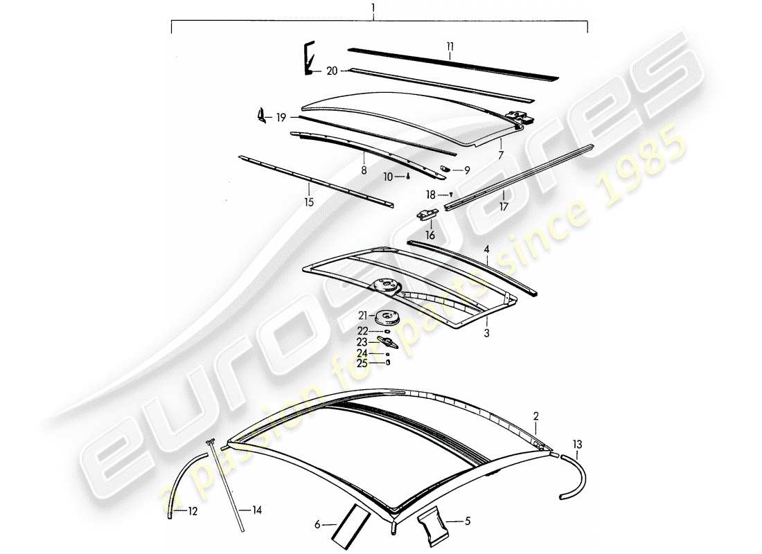 porsche 1964 (356b/356c) techo corredizo - mecánico diagrama de piezas