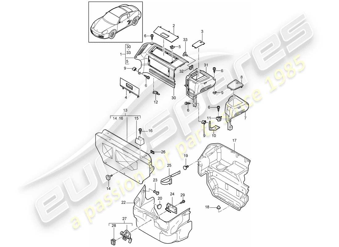 porsche cayman 987 (2009) diagrama de piezas del compartimiento de equipaje