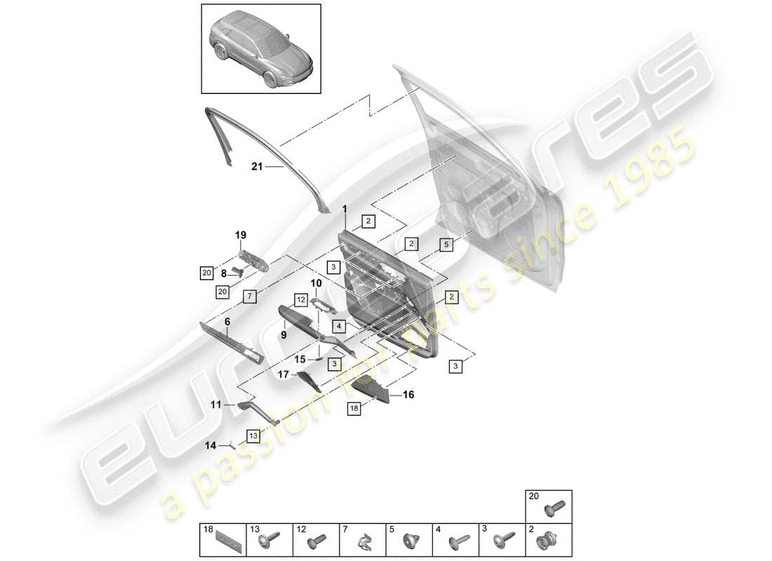 porsche 2020 (cayenne e3 9ya/9yb) panel de la puerta diagrama de piezas