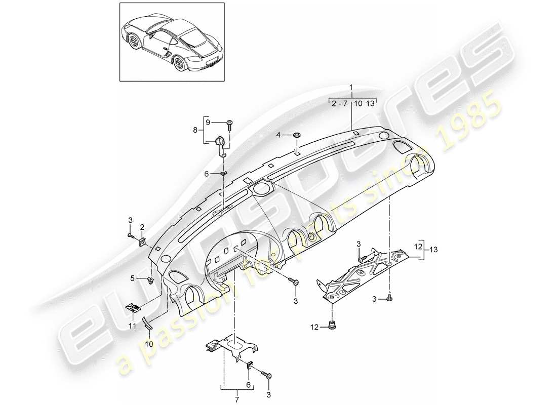 porsche 2009 (987 cayman) moldura del panel de instrumentos diagrama de piezas