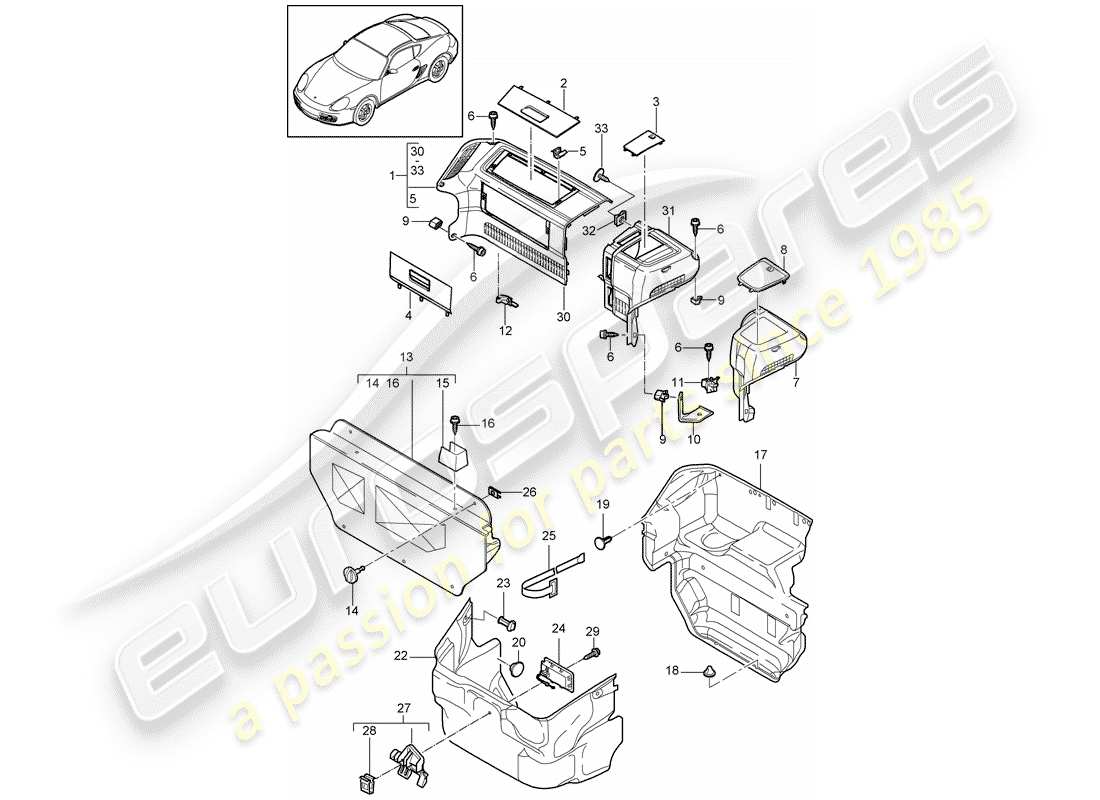 porsche 2011 (987 cayman) diagrama de piezas del compartimiento de equipaje