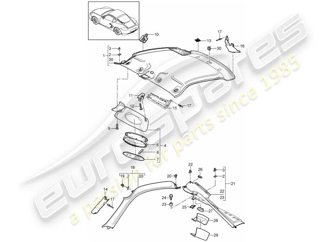 porsche 2011 (987 cayman) diagrama de piezas del panel de acabado del techo