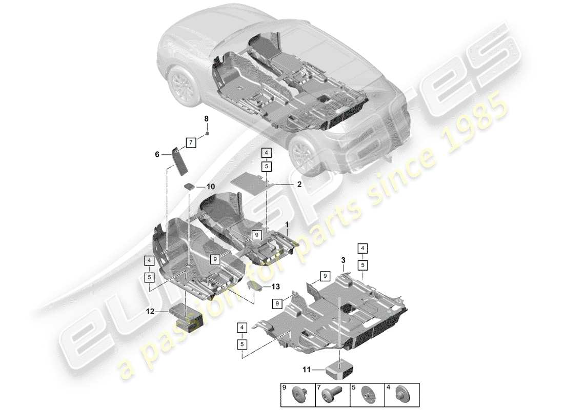 porsche 2019 (cayenne e3 9ya/9yb) cubierta de piso diagrama de piezas