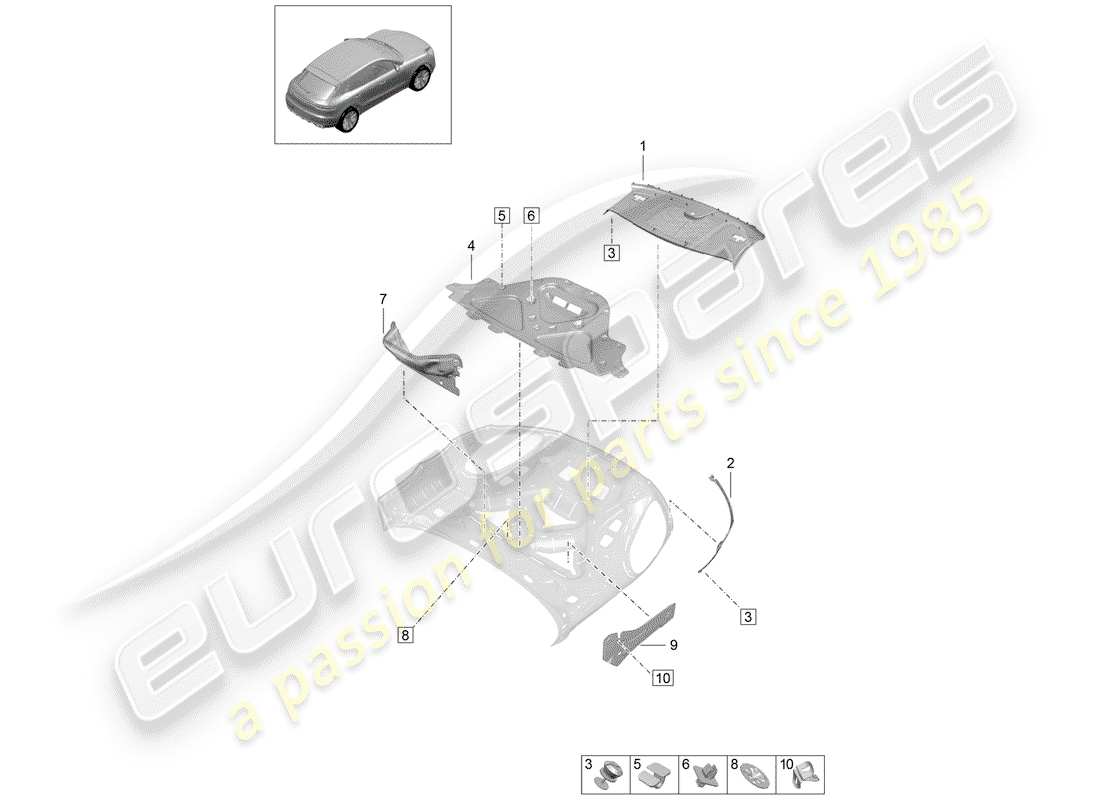 porsche 2019 (macan) amortiguación para el compartimiento del motor diagrama de piezas