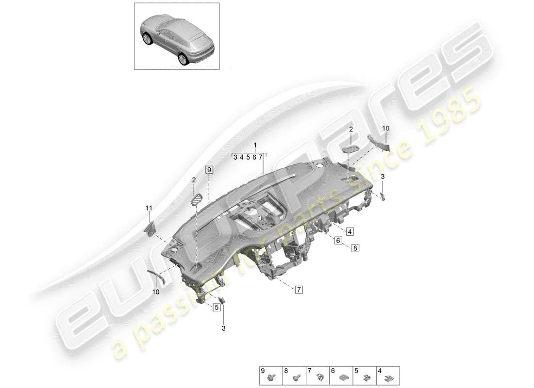 porsche 2019 (macan) moldura del panel de instrumentos diagrama de piezas