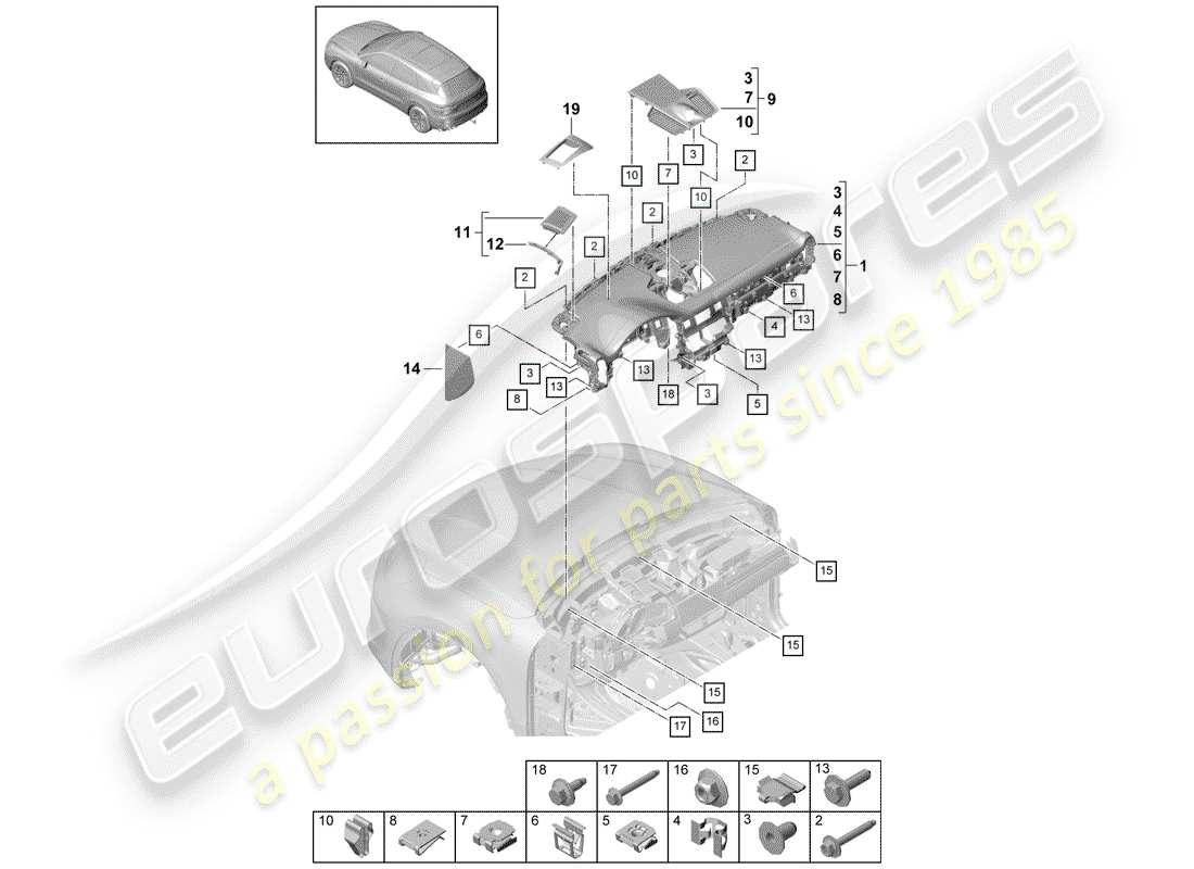 porsche 2019 (cayenne e3 9ya/9yb) moldura del panel de instrumentos diagrama de piezas