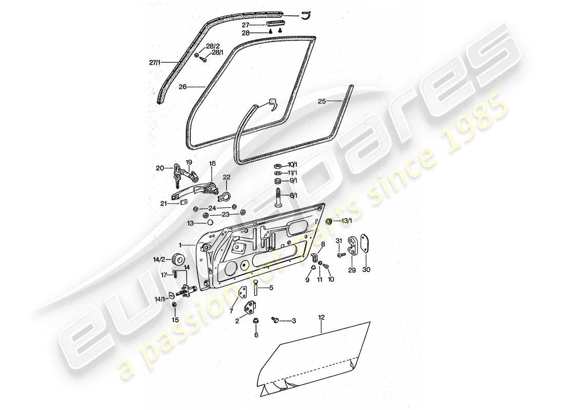 porsche 1975 (911 turbo) puerta - con piezas de instalación diagrama de piezas