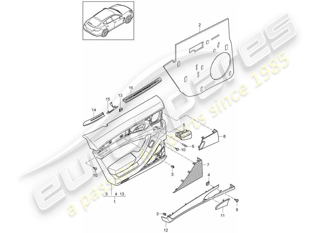 porsche 2011 (panamera 970) diagrama de piezas del panel de puerta