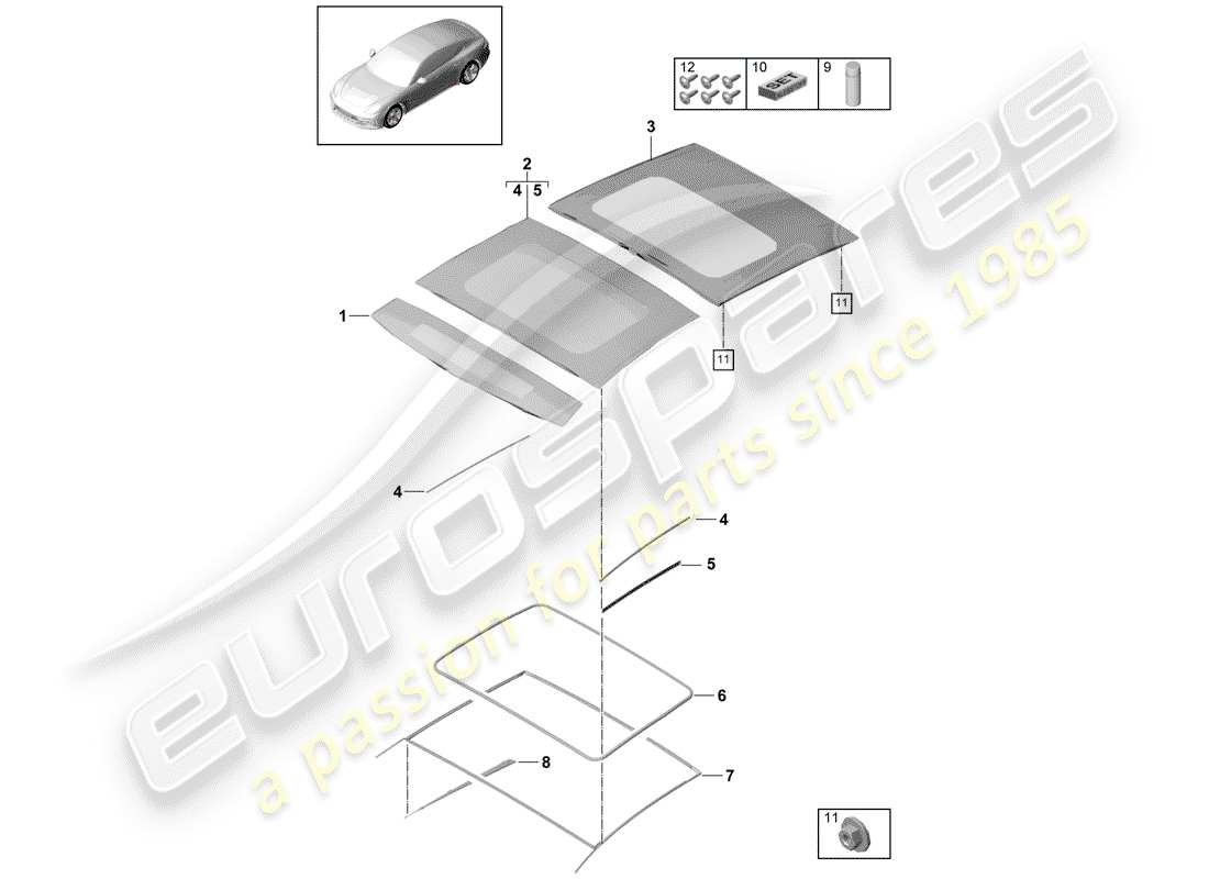 porsche 2020 (panamera 971-1) techo corredizo de cristal diagrama de piezas