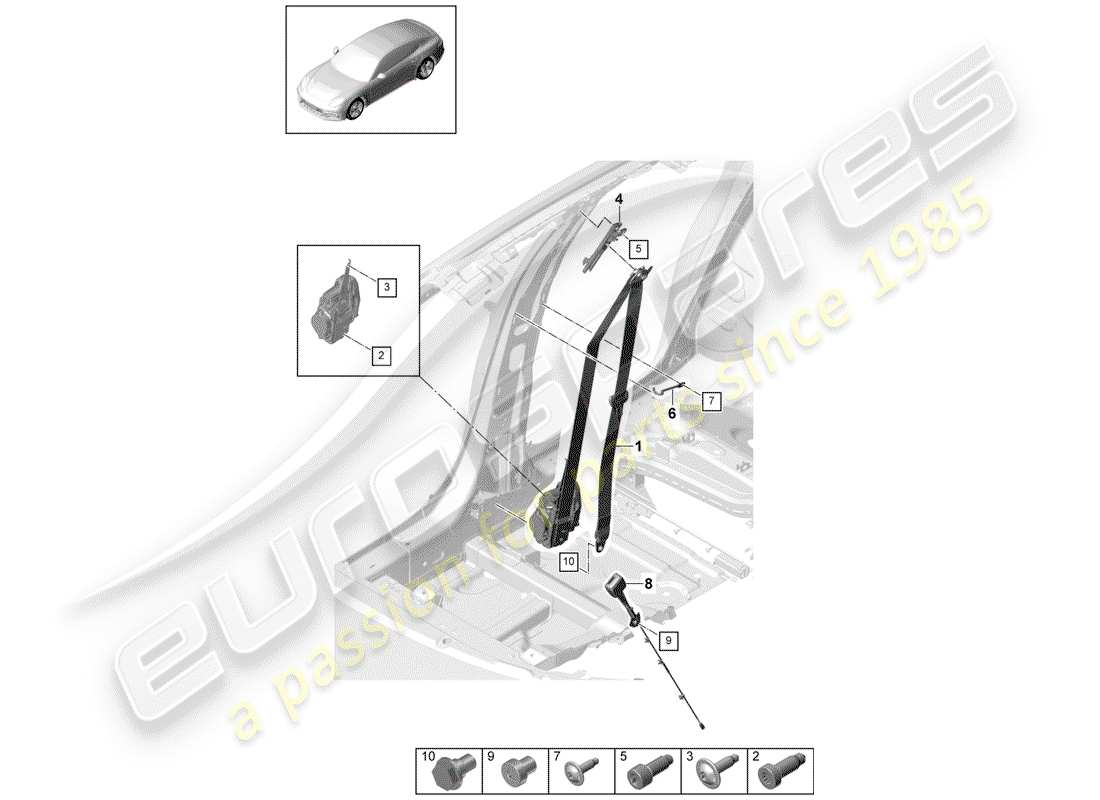 porsche 2019 (panamera 971-1) cinturón de seguridad de tres puntos diagrama de piezas
