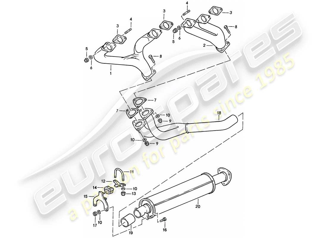 porsche 1987 (924s) sistema de escape - silenciador de escape, delantero diagrama de piezas