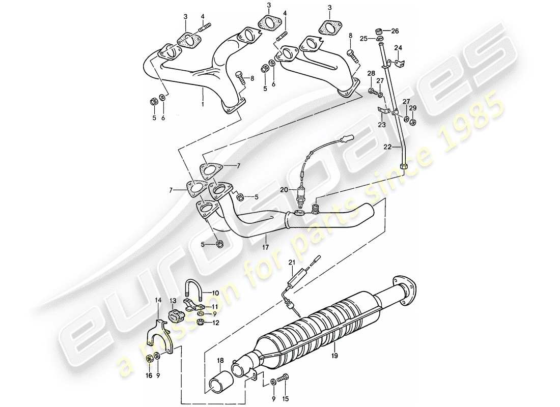 porsche 1988 (924s) sistema de escape - catalizador diagrama de piezas
