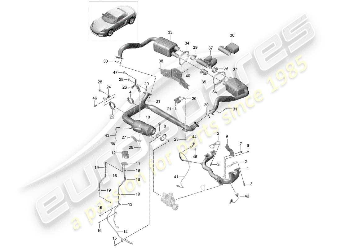porsche 718 boxster (2018) diagrama de piezas del sistema de escape