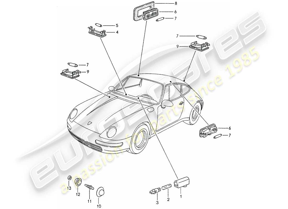 porsche 1994 (993) luces interiores - lámpara del maletero - luz del compartimiento del motor diagrama de piezas