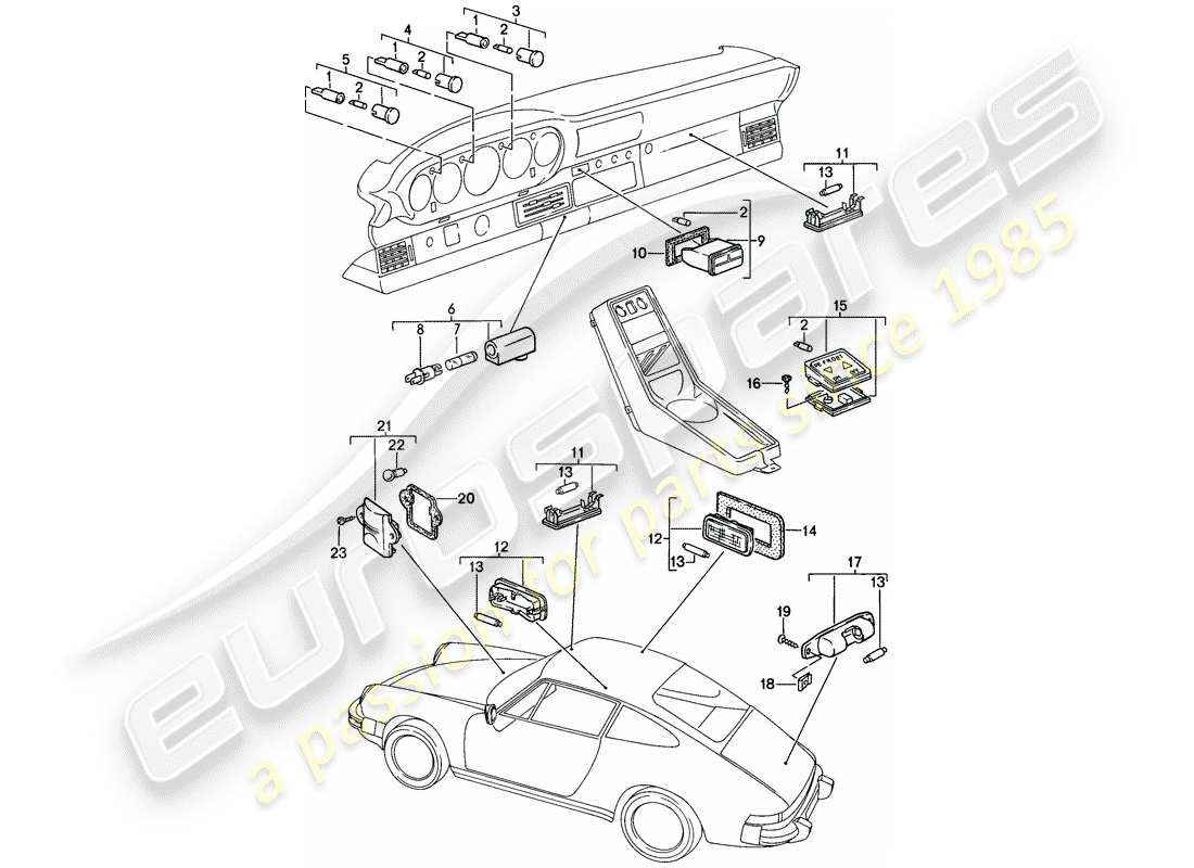 porsche 1987 (911) luces interiores diagrama de piezas
