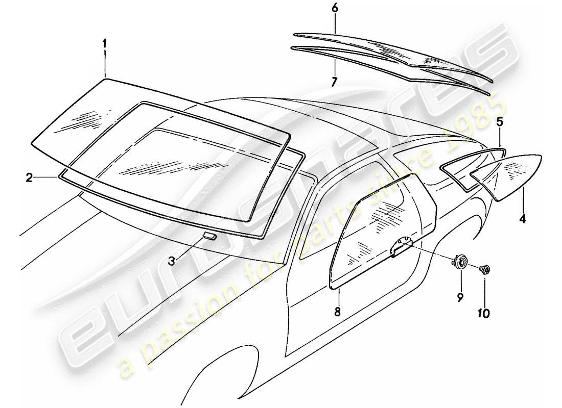 porsche 1983 (928) acristalamiento de ventanas diagrama de piezas