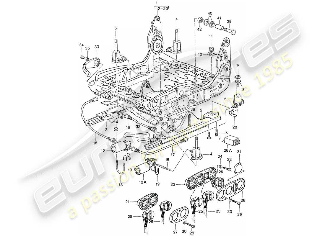 porsche 1987 (959) asiento deportivo - estructura para asiento diagrama de piezas