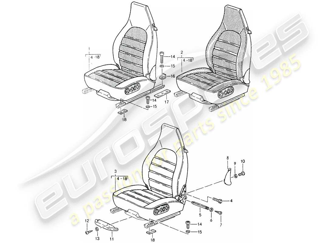porsche 1993 (964) asiento - completo diagrama de piezas