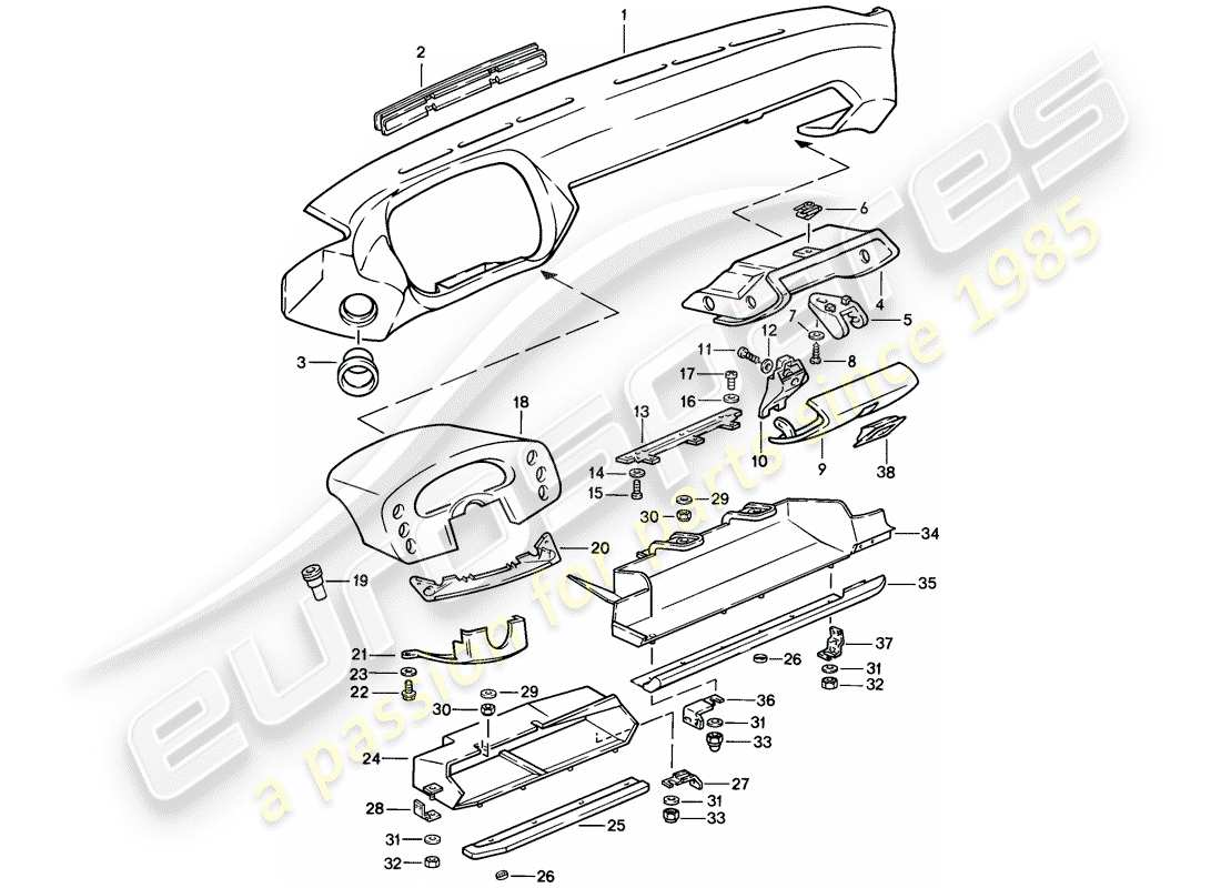 porsche 1986 (928) moldura del panel de instrumentos diagrama de piezas