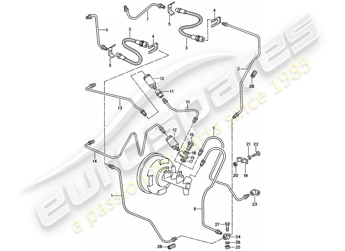 porsche 1985 (911) línea de freno diagrama de piezas