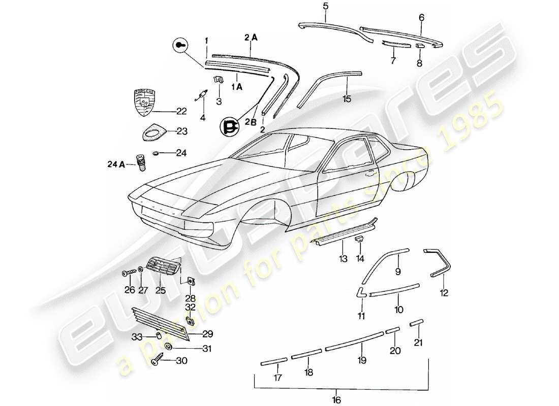 porsche 1983 (924) accesorios decorativos diagrama de piezas