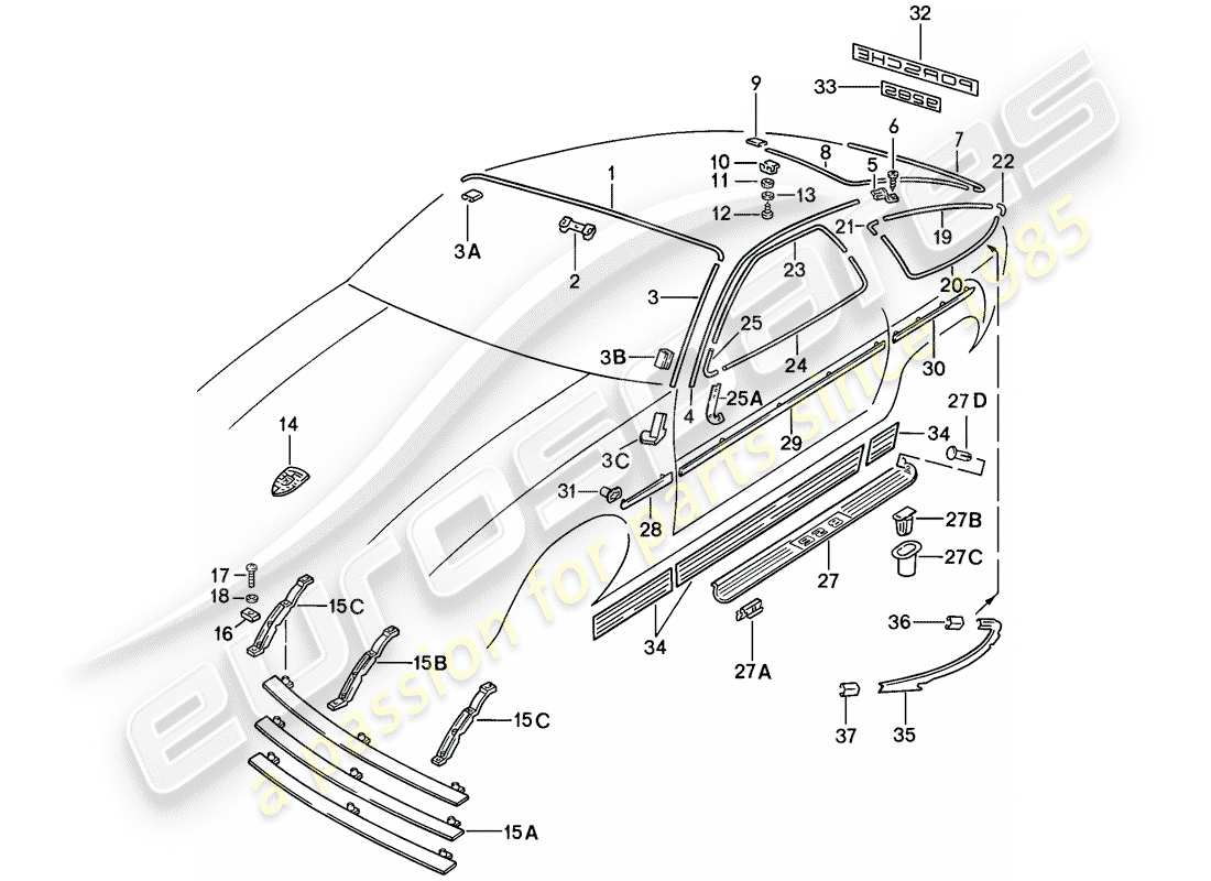 porsche 1981 (928) tira de cobertura - accesorios decorativos - f >> 92-cs800 354 - f >> 92-cs840 998 - f 92-cs800 355>> - f 92-cs{ 10} 999>> - ver tpi - gr.8 nr.38 diagrama de piezas