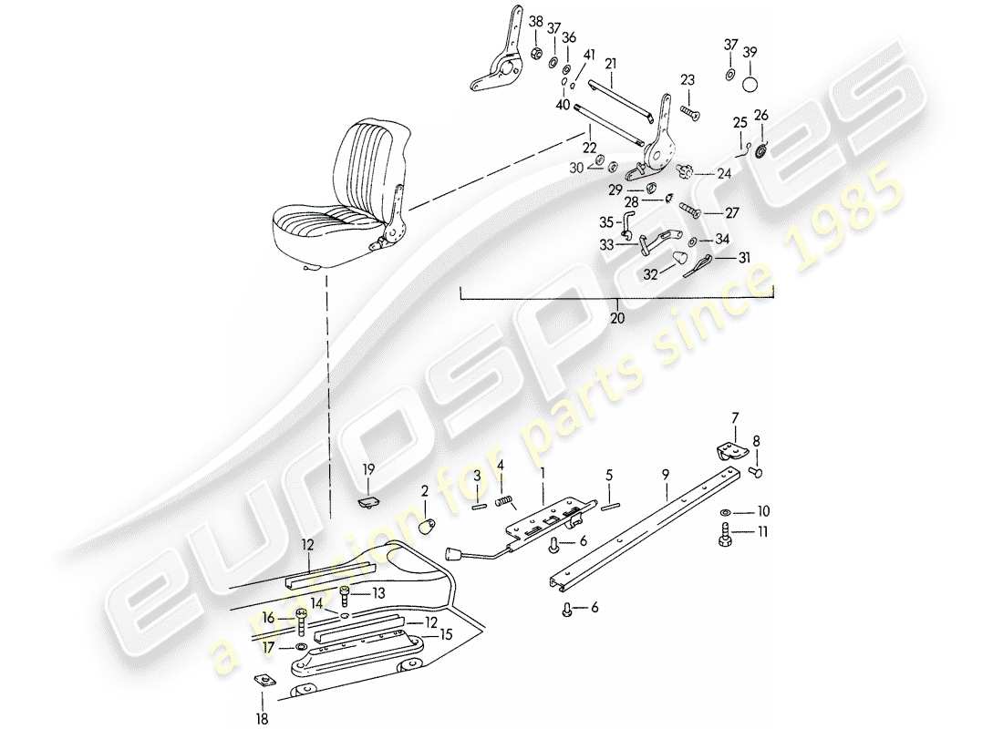 porsche 1964 (356b/356c) riel del asiento y mecanismo del asiento reclinable diagrama de piezas
