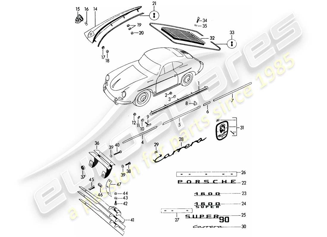 porsche 1963 (356b/356c) accesorios decorativos diagrama de piezas