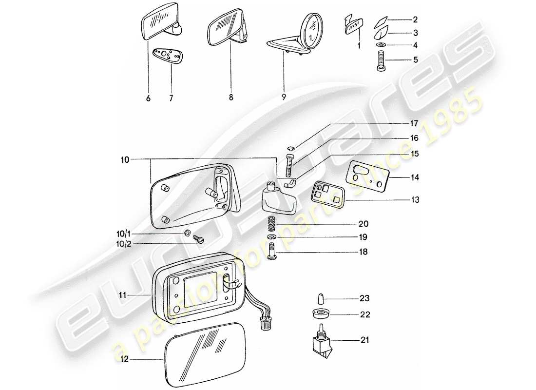 porsche 1977 (911) espejo retrovisor interior - espejo retrovisor diagrama de piezas