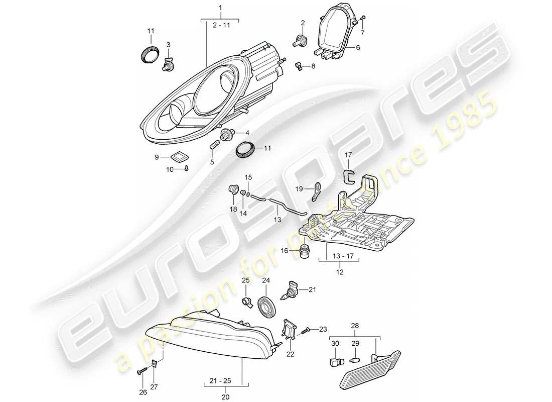 porsche 2012 (987 boxster) diagrama de piezas del faro