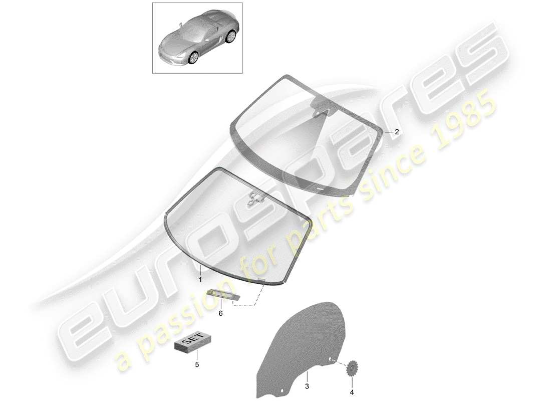 porsche 2016 (981 boxster spyder) diagrama de piezas de ventanas