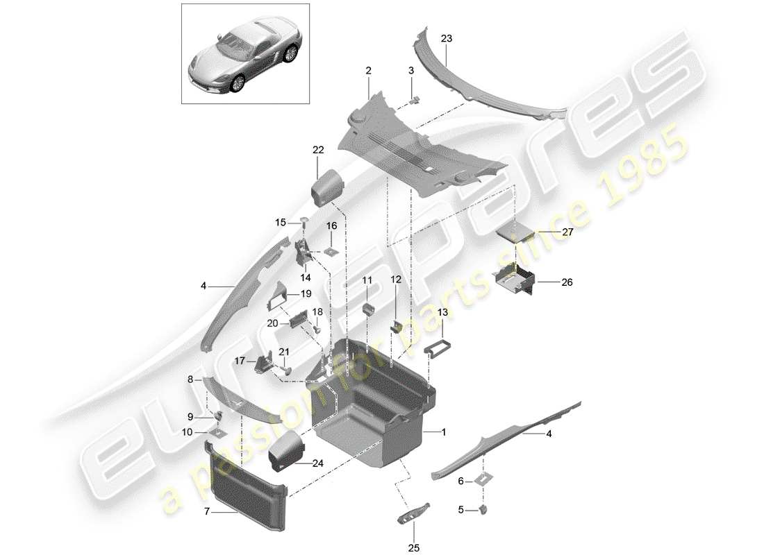 porsche 2020 (718 boxster) forro de bota diagrama de piezas