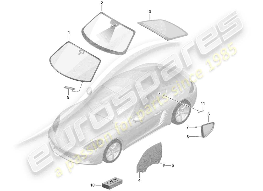 porsche 2018 (718 cayman) vidrio del parabrisas diagrama de piezas