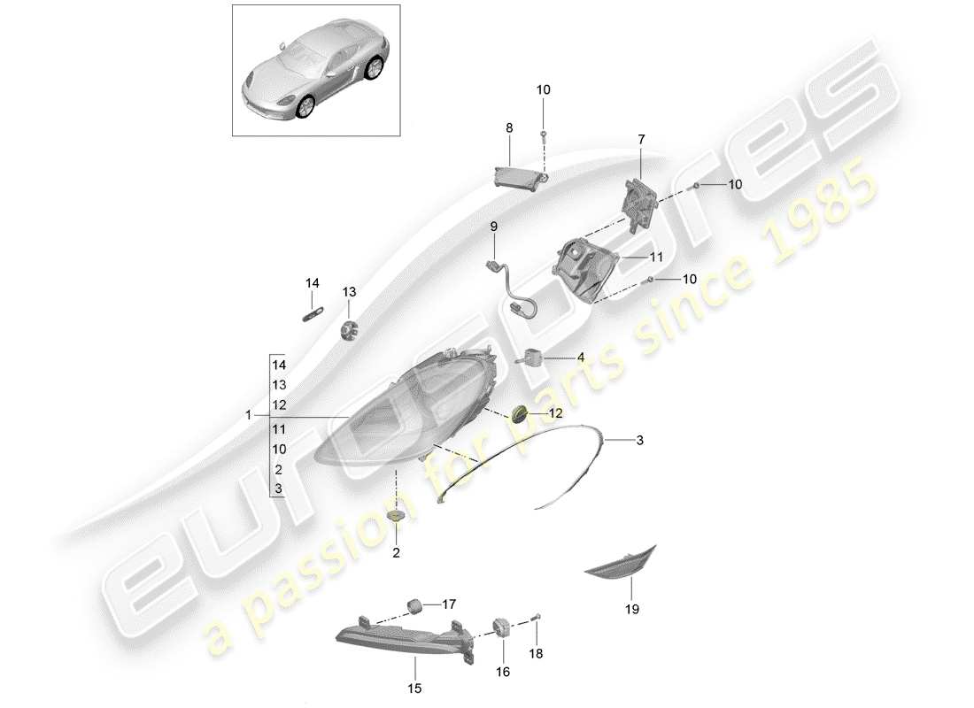 porsche 2017 (718 cayman) diagrama de piezas del faro