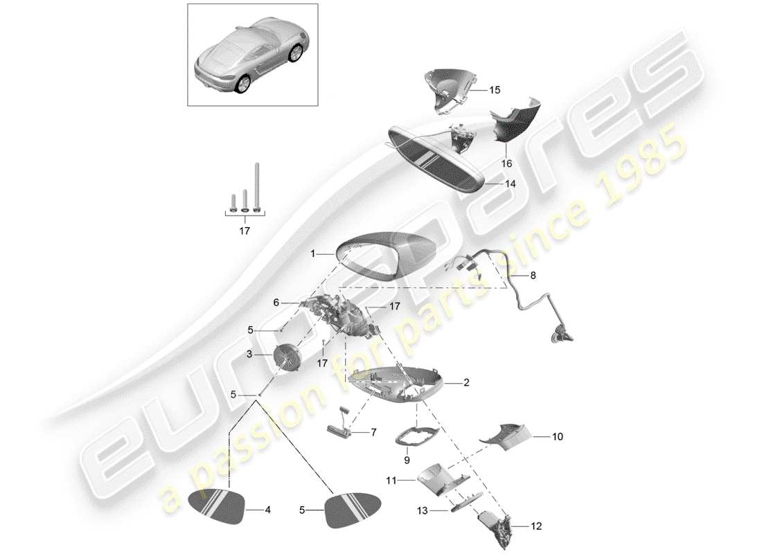 porsche 2020 (718 cayman) diagrama de piezas del espejo retrovisor