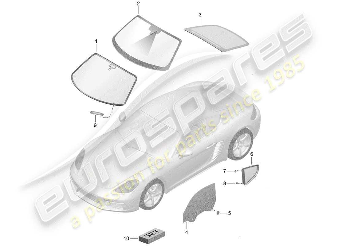 porsche 2020 (718 cayman) vidrio del parabrisas diagrama de piezas