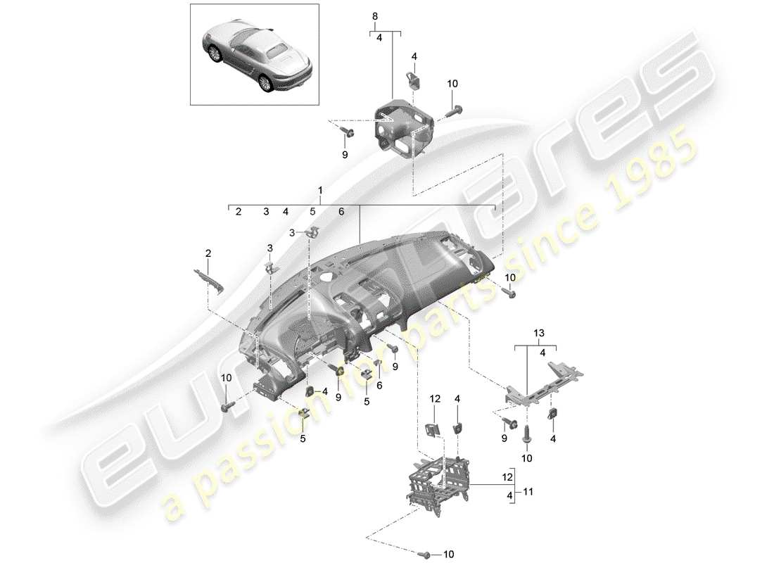 porsche 2020 (718 boxster) diagrama de piezas del embellecedor del panel de instrumentos