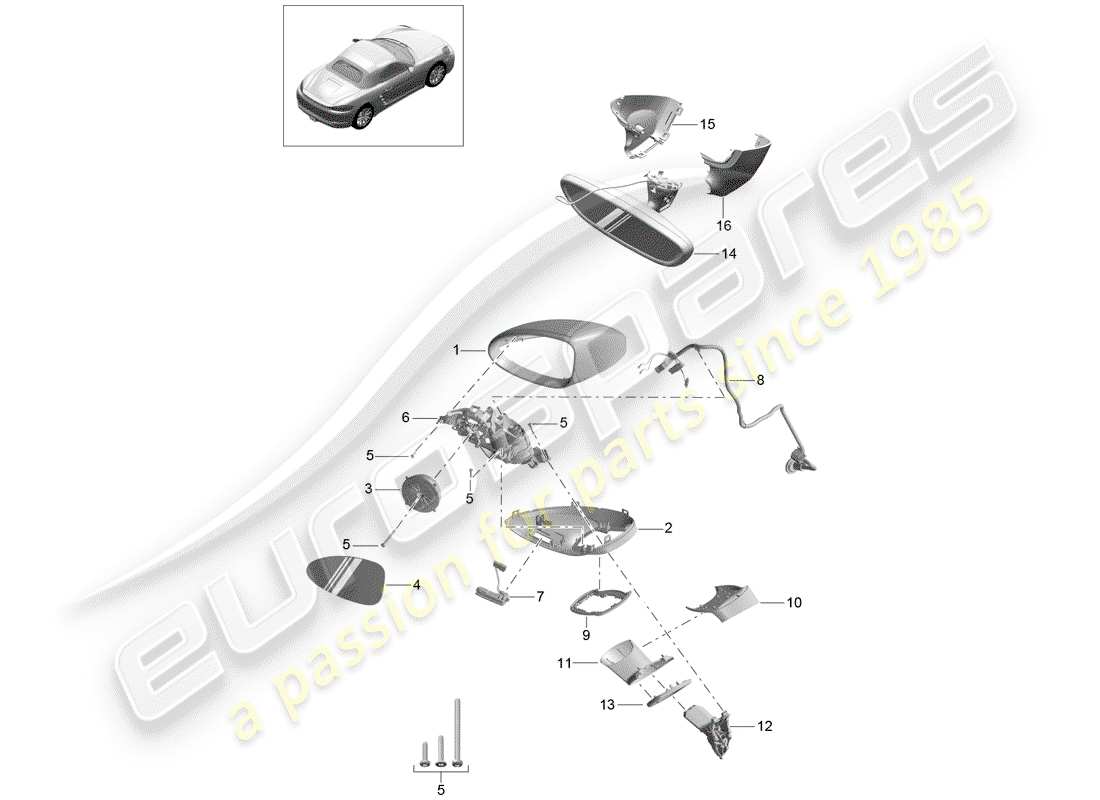 porsche 2020 (718 boxster) diagrama de piezas del espejo retrovisor