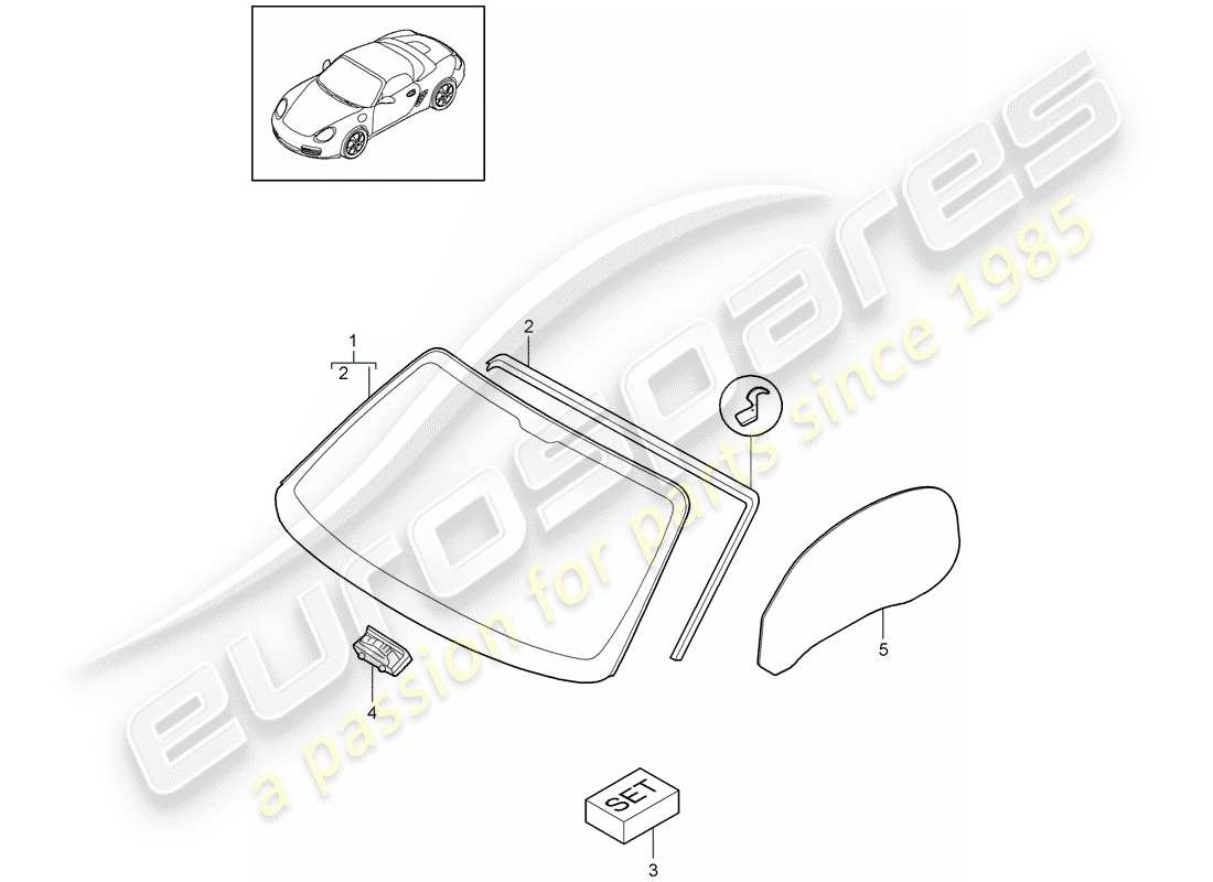 porsche 2011 (987 boxster) diagrama de piezas de ventanas