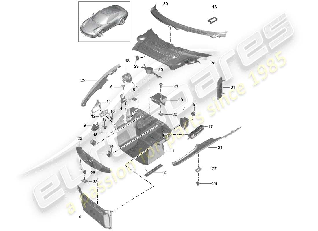 porsche 2012 (991-1) compartimiento de equipaje diagrama de piezas