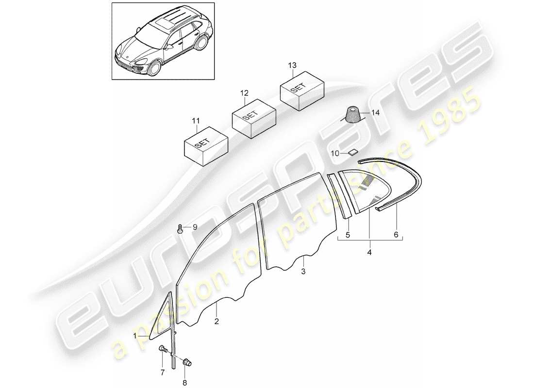 porsche 2016 (cayenne e2 92a) diagrama de piezas de vidrios para ventanas