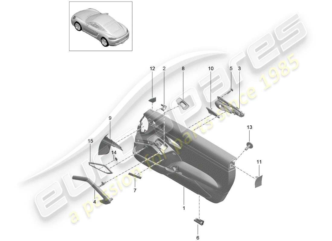 porsche 2019 (718 cayman) diagrama de piezas del panel de puerta