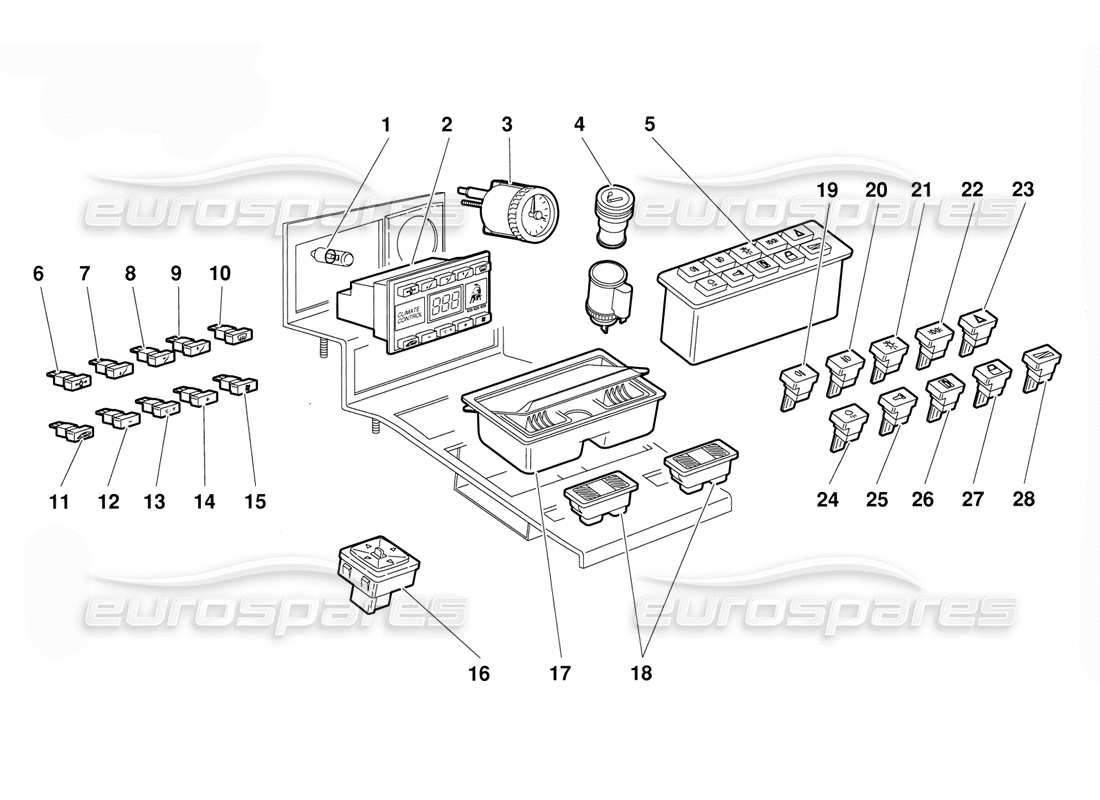 lamborghini diablo (1991) diagrama de piezas de instrumentos del panel del túnel