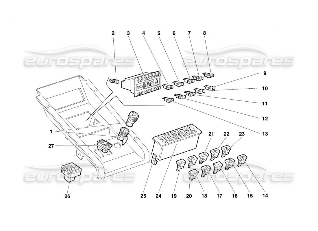 lamborghini diablo sv (1997) diagrama de piezas de instrumentos del panel del túnel