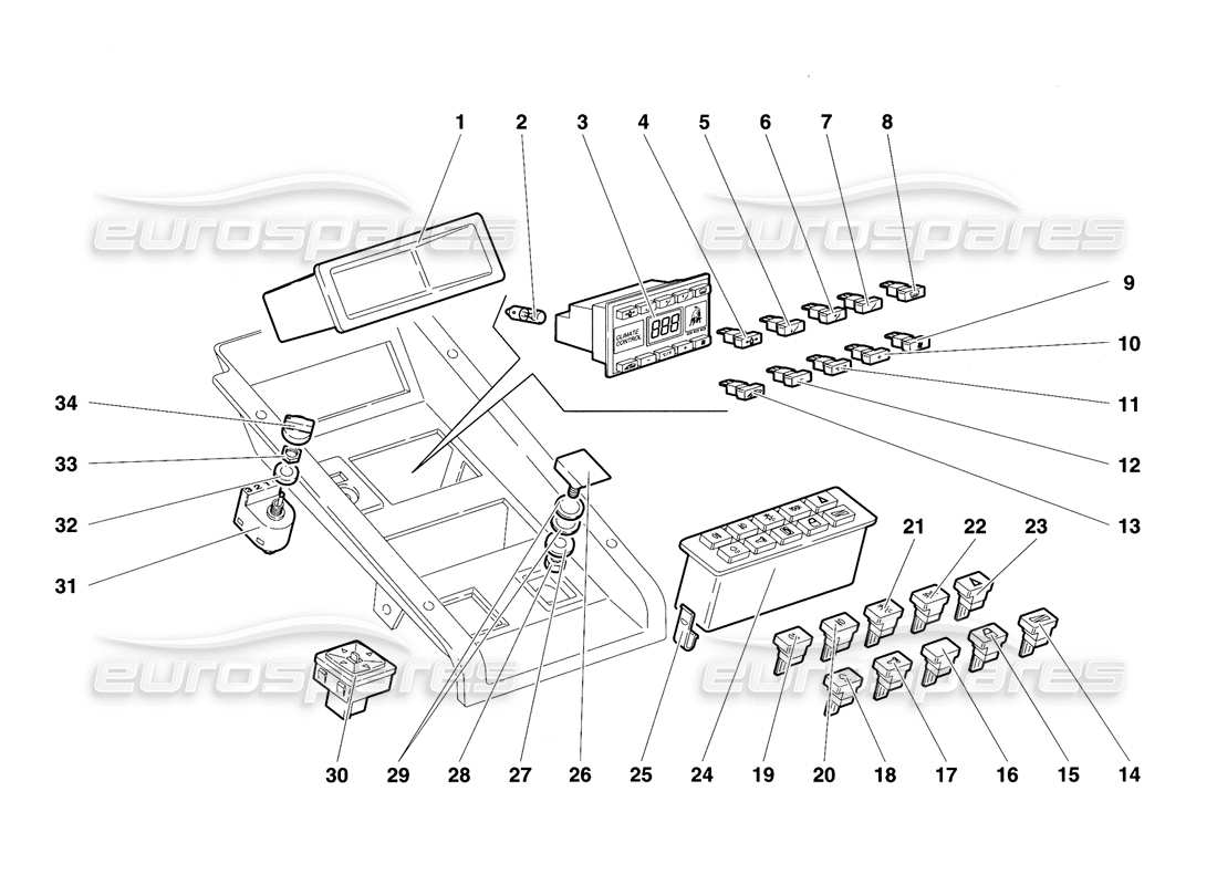 lamborghini diablo se30 (1995) diagrama de piezas de instrumentos del panel del túnel